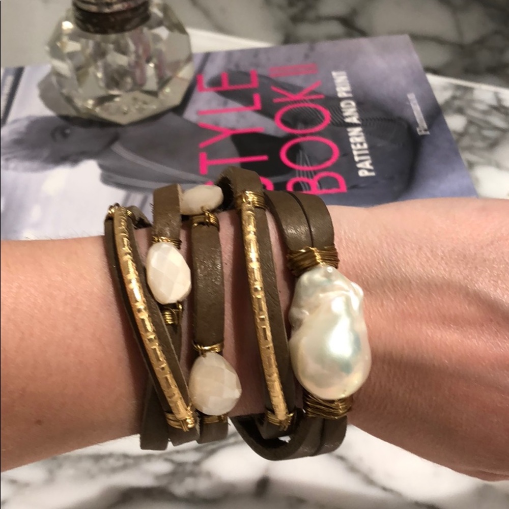 Leather and pearl wrap bracelet